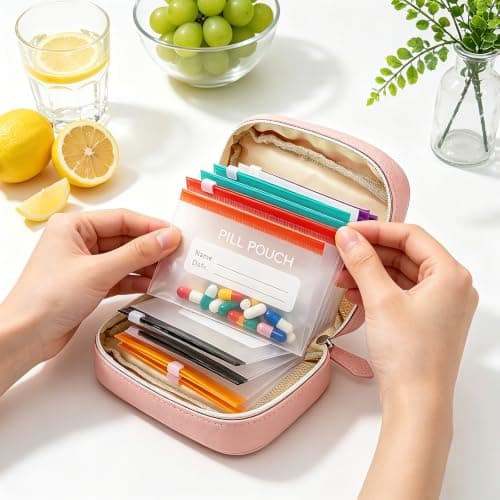 A8 Waterproof Pill Organiser Pouch Set with14 Color-Coded Bags Large Capacity Pill Pouches for Travel Reusable Medicine Pouch for Medication/Fish Oils/Vitamins 14 Day Travel Pill Box (Pink) — view 6