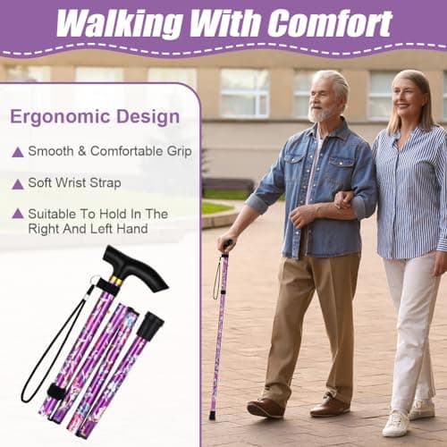 Flintronic Walking Stick, Folding Walking Stick, Adjustable Folding Walking Sticks, Collapsible Lightweight Flexible Stick, Comfortable Grip Durable Mobility Aid for Men Women, Purple Print — view 5