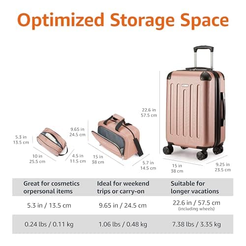 Amazon Basics Hardside Carry-On Spinner Luggage Set, 3-Piece, Carry-On Suitcase, Tote Bag, Compact Travel Bag, Expandable, 4 Spinner Wheels, Rose Gold — view 4