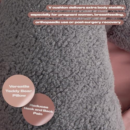OHS V Pillow Teddy Fleece Grey, Support Pillow for Sleeping Relaxing Super Soft Warm Comfy Pillow Cuddle Cushion Orthopaedic V Shape for Bed Sofa, 80 x 60 x 25cm — view 4