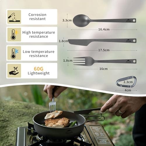 Naturehike Titanium Camping Cutlery Set - Lightweight Camping Cutlery for One - Knife, Fork and Spoon Set with Carabiner and Bag for Hiking and Travel — view 2