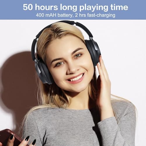 RORSOU B8 Bluetooth Headphones Over Ear, 6 EQ Music Modes and 50H Playtime Deep Bass Wireless Headphones with Mic, Lightweight Folding HiFi Stereo Headset for iPad/Travel/Tablet/PC/Home Space Black — view 6