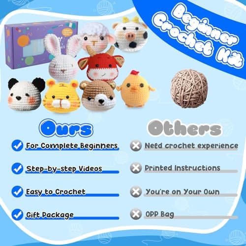ZEJEXXB 8Pcs Crochet Kits for Beginners Adults Crochet Animal Starter Kit DIY Knitting Kit with Step-by-Step Video Tutorials Gifts for Crochet Lovers — view 4