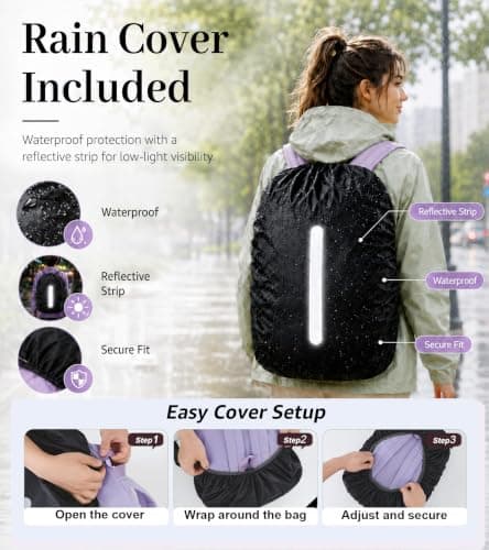 FIORETTO Backpack Womens School Bag Girls Boys, Lightweight Water-Resistant Fits 15.6” Laptop Large Capacity Rucksack with Rain Cover, Ideal for School College Commuting Travel Purple — view 5
