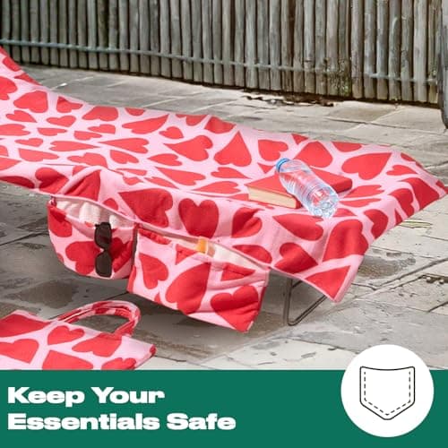 Brentfords Sun Lounger Beach Towel with Pockets, Soft Quick-Dry Absorbent Large Beach Towel in a Bag Lightweight Easy Storage Sun Bed Towels For Beach Holiday Accessories, Pink Hearts - 75 x 215cm — view 5