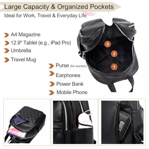 Suweir Women's Rucksack Vegan Leather Anti-Theft Quilted Ladies Daypack — view 4