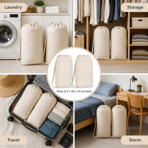 GFI LINEN CLUBS 100% Cotton Laundry Bags 50 x 75 cm, Carry Strap, Set of 2 — view 5