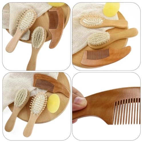 Didiseaon Bath Brush and Comb Kit for Babies with Wooden Beech Handle and Soft Wool Bristles, Safe and Healthy Head Massaging Shower Set for Home and Travel — view 3