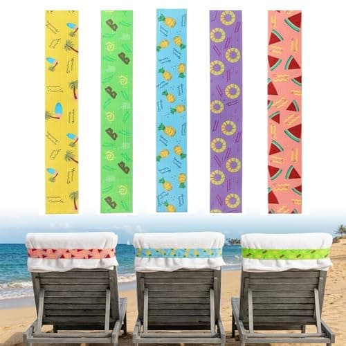 5 Pcs Beach Towel Bands for Sun Loungers, Elastic Towel Craber for Beach Chair, Non-Slip Chair Towel Holders for Pool, Cruise Deck, Travel, Chair Bands (5 Styles,30x5cm)