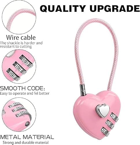 2 Pcs Pink Combination Lock, 3 Digit Heart Shaped Padlock for School Gym Locker,for TSA Approved Cable Luggage Locks, Sports Locker Lock, Luggage, Fence, Backpack, Valentine Gift, Luggage Accessories — view 2