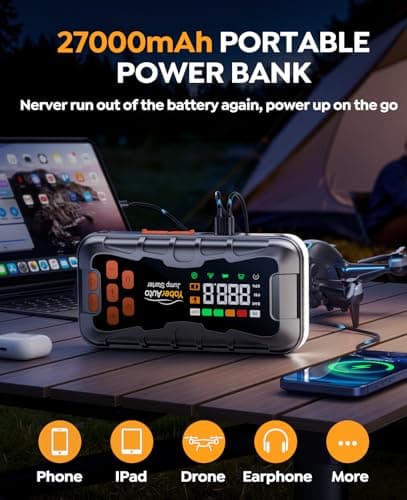 27000mAh Jump Starter Power Pack with Air Compressor 160PSI, Car Battery Booster Jump Starter (All Gas/14L Diesel/Hybrid) with Tire Repair Kit, Hook Stone, Tow Rope,Gloves, 2000 Lumen — view 4