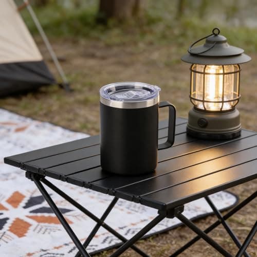 YueXing 16oz Black Insulated Coffee Mug with Handle, Leakproof Double Wall Stainless Steel Travel Mug with Sliding & Straw Lid, Dishwasher Safe for Camping Commuting Hot Cold Drinks (Black) — view 6