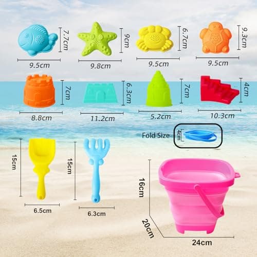 Beach Sand Toys for Kids,12 PCS Collapsible Beach Toys Set and Spade Set with Mesh Bag,Castle&Aninal Moulds ,Travel Beach Essentials for Children,Gardening Beach Outdoor Toys for Boys Girls (Pink) — view 2