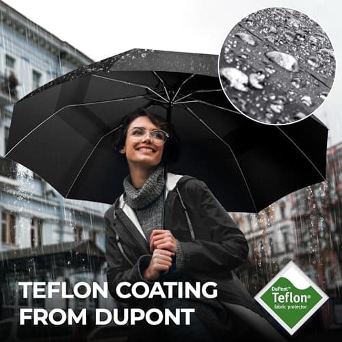 Umbrella Windproof Compact - Strong Storm Proof Frame + Auto Open Close | Women Mens Lightweight Small Travel Folding Golf Brolly + Double Canopy, Ergonomic Handle | Water Resistant Teflon Black — view 4