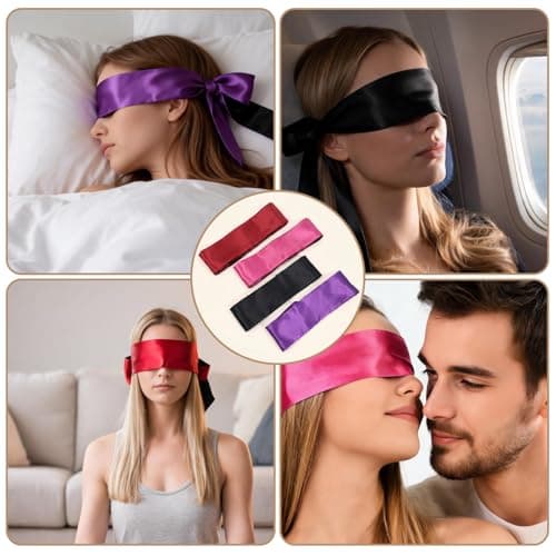 HJZHII 4Pcs Silk Satin Eye Mask, Satin Silk Eye Covers Soft Comfortable Blindfold Sleeping Masks Adjustable Blackout Eyes Cover V-Shaped Satins Sleep Masks for Women Men Valentine's Day Gift — view 6