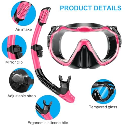 Snorkel Set Adults, Scuba Snorkelling Packages with Anti-Fog Panoramic View Swimming Goggles,Dry Snorkel Set Suitable for Snorkeling Diving Swimming (Pink) — view 2
