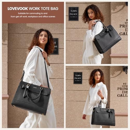 LOVEVOOK Laptop Bags for Women, 17.3 Inch Ladies Handbags Large Work Tote Bags with Compartments, PU Leather Womens Handbag Shoulder Bag for Office School Business Shopping, Black — view 2