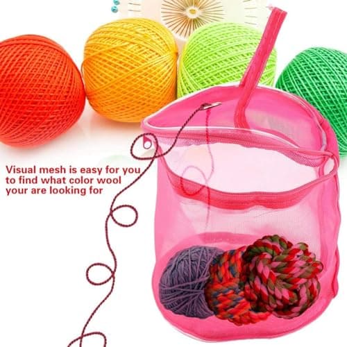 WPCSM Wool Holder,Wool Holders When Knitting,Round Knitting Yarn Storage Basket Craft Tote Bag,Yarn Holder,Knitting Yarn Organizer,DIY Handmade Mesh Weaving Tools Storage Bag (Rose Red) — view 4
