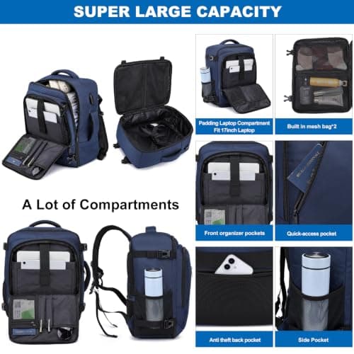 for New Ryanair Cabin Bags 40x30x20 Underseat 24L Small Travel Backpack Cabin Size Rucksack for Plane Hand Luggage Backpack Flight Bag Ryan Air Cabin Bag Fit 14 Inch Laptop with USB Charging Port-Blue — view 4