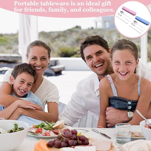 8 Pcs Travel Cutlery Set with Case,Reusable Stainless Steel Cutlery Set for 2 with Spoon Knife and Fork,Portable Travel Utensils for Picnic Outdoor Adventures School Office Everyday Use (Pink,Blue) — view 6