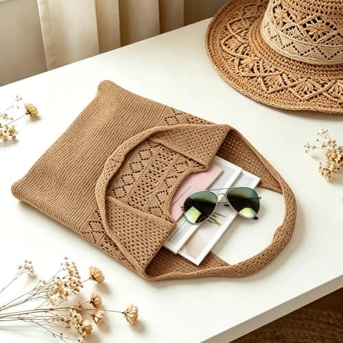 Havnix Crochet Mesh Beach Tote Bag for Women, Foldable Knit Boho Hobo Shoulder Handbag, Casual Shopping Travel Summer Holiday Bag (Khaki) — view 5