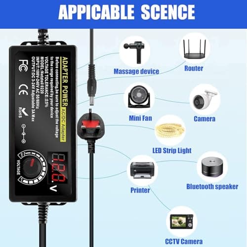 3A 72W Universal Power Supply Adapter: Adjustable Variable AC/DC Adapter Charger 100V-240V AC to DC 3V~24V Converter with LED Voltage Display 14 Tips and Polarity Converter for Electronics (Black) — view 6