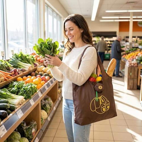 LUVDECO 4 Pack Foldable Reusable Shopping Bags with Cute Fruit & Animal Patterns, Large Waterproof Tote that Folds into Pouch for Grocery, Beach, Travel (Animal) — view 2