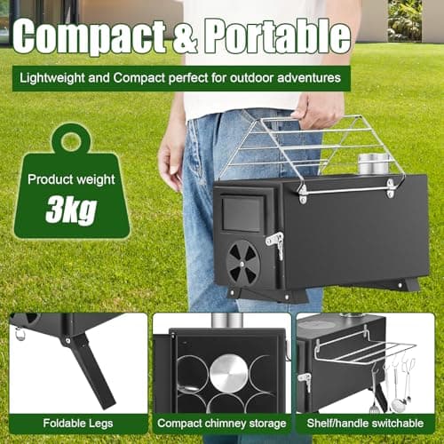 Qivine Portable Tent Camping Stove, Foldable Camping Wood Stove, Neat & Compact Hot Tent Stove with Chimney, No Smoke Leakage & Easy to Install for Camping Heating Cooking Ice Fishing — view 4