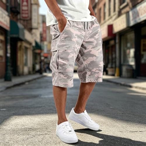 Men's Cargo Pants with 6 Pockets for Outdoor Hiking, Relaxed Fit Tapered Jogger in Cotton Blend for Work and Travel(XXL) Light Pink — view 3