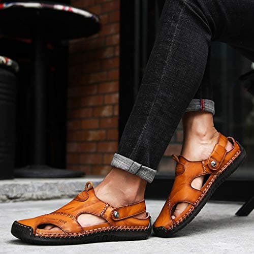 Summer Men'S Casual Leather Sandals, Outdoor Beach Shoes Leather Outdoor Hiking Sandals Closed Toe Casual Walking Sandals Beach Summer Sandals For Hiking Trekking Breathable Travel Slippers — view 2