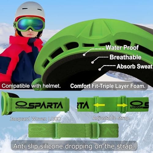 OUTDOORSPARTA Kids Ski Goggles (5. Green Frame, Full Lens Mirrored Green) — view 3
