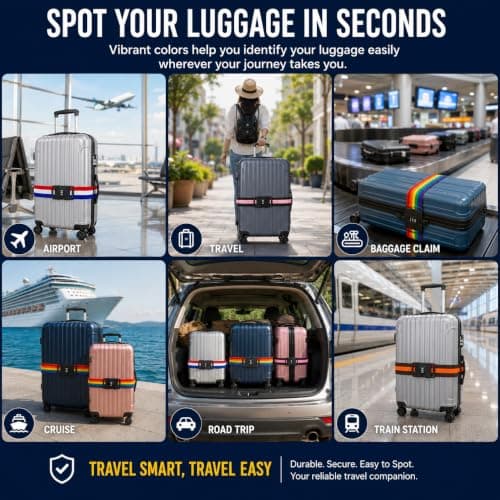 Luggage Straps with Locks, 4 PCS Personalised Luggage Straps for Suitcases, Adjustable Lockable Colourful Suitcase Belt for Luggage — view 4