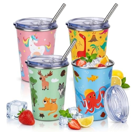 TranRantic 350ml Stainless Steel Cups with Straw & Lid, 4pcs Leakproof