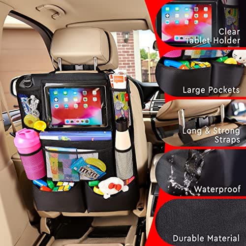 Helteko Backseat Car Organizer, Kick Mats Back Seat Protector with Touch Screen Tablet Holder, Back Seat Organizer for Kids, Travel Accessories with 9 Storage Pockets 2 Pack, Black — view 4