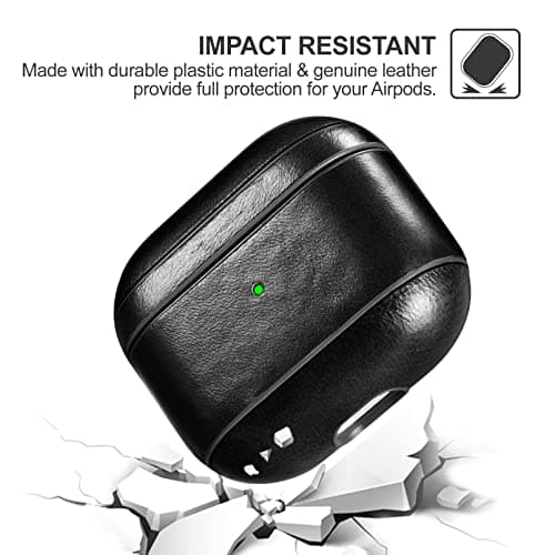 Case for AirPods 3 2021, ICARER Premium Genuine Leather Portable Shockproof Protective Case Cover for Apple AirPods 3 2021 Earphones Charging Case (LED Visible) Support Wireless Charger (Black) — view 5