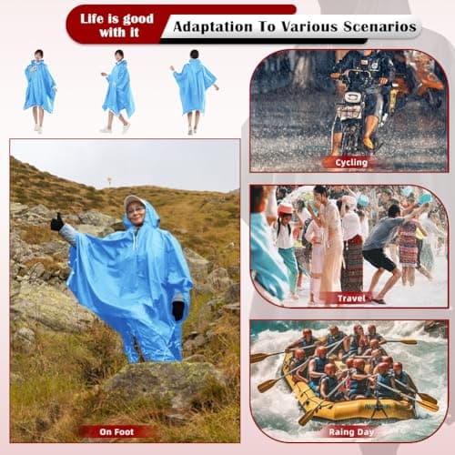 CHGANG Waterproof Poncho Adult, Reusable Rain Poncho Lightweight Waterproof Raincoat Emergency with Hood for Outdoor Hiking Camping Cycling Traveling (Blue) — view 6