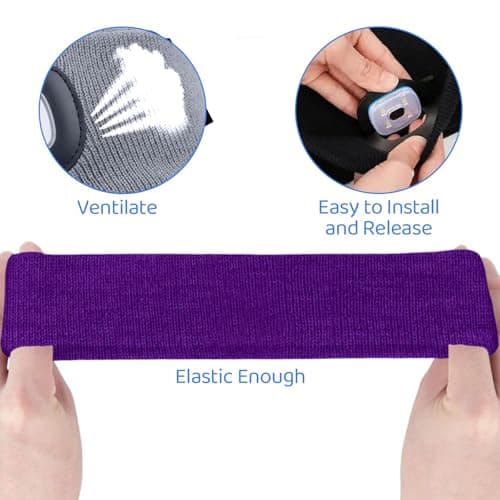 LED Lighted Headband, USB Rechargeable Night Running Headlamp Running Lights for Runners with 4 LED, Head Torch Stretchy Waterproof, Hands Free Flashlight for Runners Dog Walking Hiking (Purple) — view 5