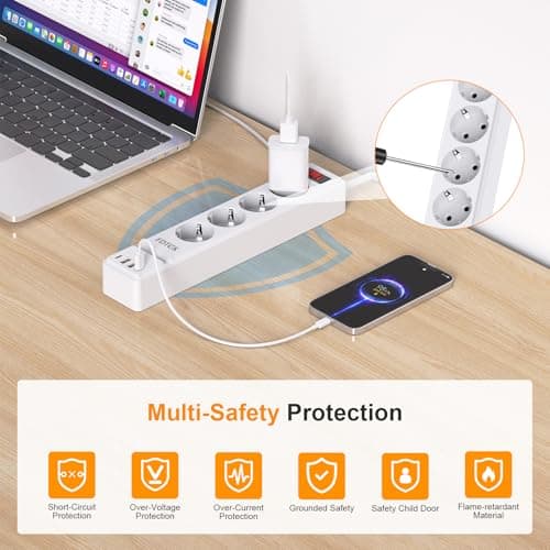 4 Way European to UK Plug Adaptor, EU to UK Plug Adapter with 4 AC Outlets, 2 USB-C Ports & 2 USB-A Ports, 2 Pin to 3 Pin Adapter Plug UK Travel from France, Italy, Spain, Germany, Poland — view 6