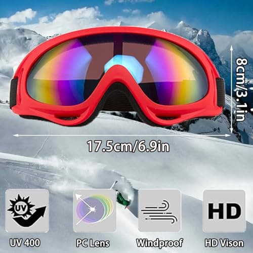 QHNTXQD Ski Goggles Snowboard Goggles for Men Women Kids Winter Snow Windproof Sports Sunglasses Motorcycle ATV Glasses for Youth Adult Teens, UV Protection Foam Anti-Scratch Dustproof (Red) — view 2