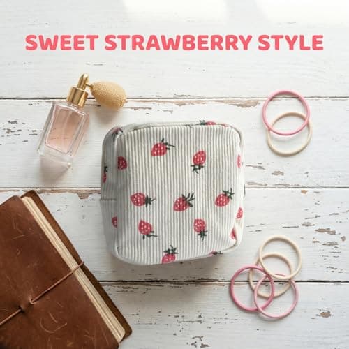 Small Makeup Bag, Mini Toiletries for Women, Portable Travel Cosmetic Bag with Compartments, Strawberry Beige Printing Corduroy Cute Pouch with Zipper, for Women Girls Gift — view 4