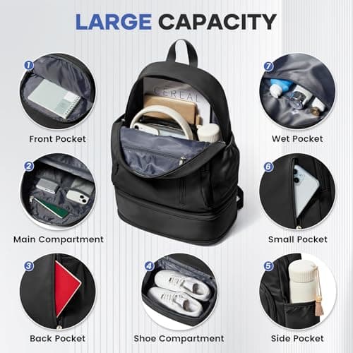 Gym Backpack Womens with Shoe Compartment, Foldable Travel Backpack Waterproof School Bags for Girls, Wet Pocket Carry On Lightweight Small Rucksack for Sports, Yoga - Black — view 3