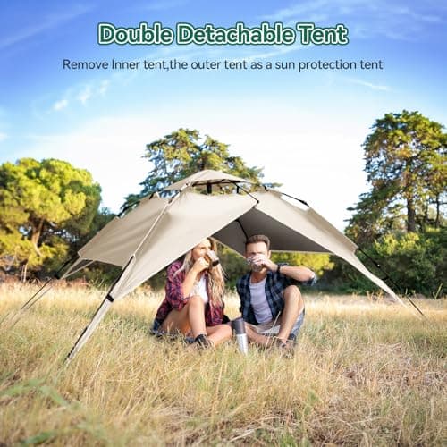 Warmiehomy 2-3 Man Pop Up Camping Tent with Detachable Outer Tent, Beige — view 4
