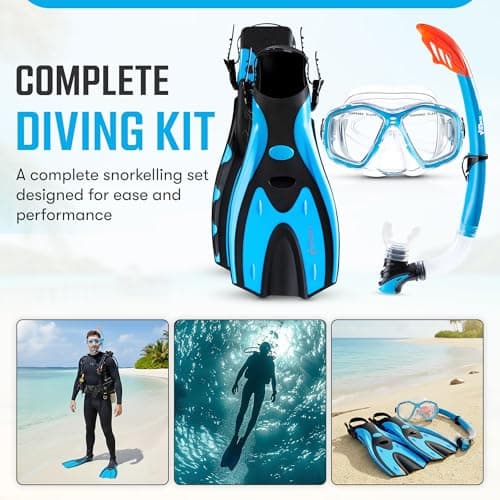 Two Bare Feet Snorkel, Mask and Fins/Flippers PVC Snorkelling Set (Adults) With Anti Fog and Wide View Mask, Anti-Leak, Tempered Glass - Scuba Dive Snorkelling Sets (L/XL (UK9-13), Aqua) — view 6