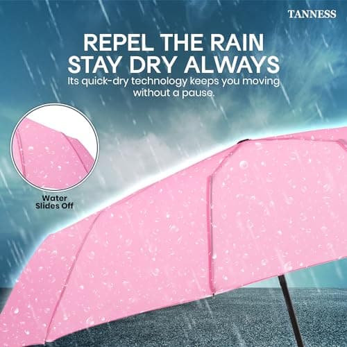 TANNESS Windproof Umbrella – 10-Rib Waterproof & Compact with Automatic Open/Close Function and Ergonomic Handle – Folding Mini for Rain, Sun, & Strong Wind Protection - Pink — view 5