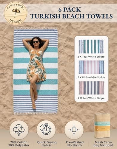 LANE LINEN Beach Towels 6 Pack, Cotton Rich Turkish Towels Oversized, Pool Towels For Adults, Pre-Washed, Sand Free Towel, Fast Drying Beach Essentials 39"x71" - Multi Stripe — view 2