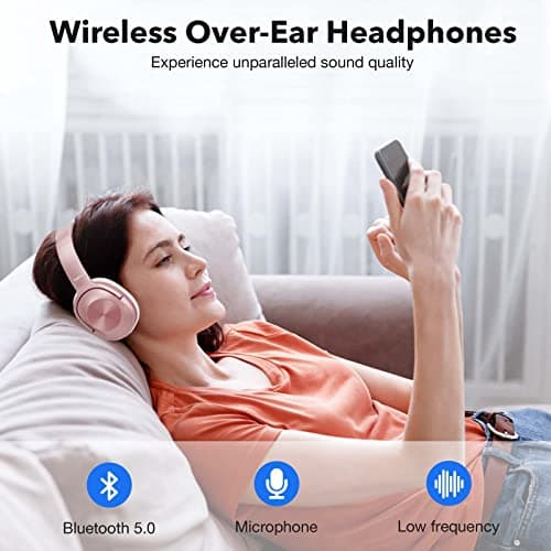 Active Noise Cancelling Headphones, Over Ear Wireless Bluetooth Headphones, Hi-Res Audio, Deep Bass Memory Foam Ear Cups, 40H Playtime for Travel Home Office (Pink) — view 6