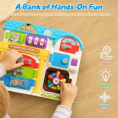 Mostop Busy Board for Toddlers with 7 Locks & Lights Sounds, Travel Activity Board for Plane Car Journeys, Portable Sensory Toy for Boys Girls Age, Ideal for Restaurant Visit Family Trips — view 3