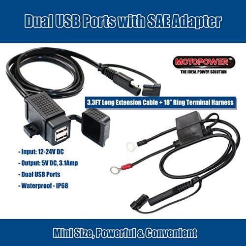 MOTOPOWER MP0609EA 3.1Amp Waterproof Motorcycle Dual USB Charger Kit with Fused SAE Ring Terminal Cable Harness — view 2