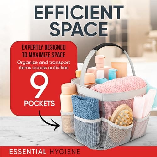 Mesh Shower Bag - Easily transport and organize your bathroom accessories and toiletries while taking a shower (9 pockets, Grey) — view 5