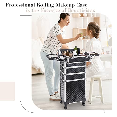 Joligrace 4-in-1 Tall Vanity Case for Women Makeup Box Make Up Beauty Trolley on Wheels Professional Large Makeup Case Organiser Rolling Box Nail Technician case with Locks (Black) — view 4